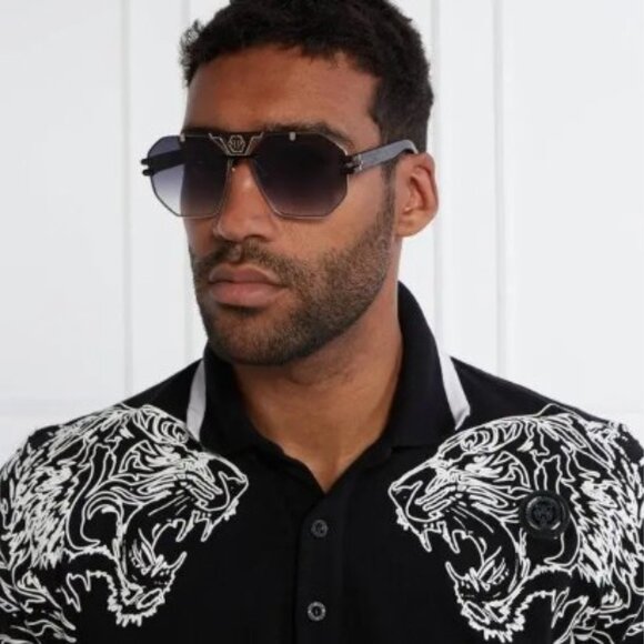 Philipp Plein SPP077M 0302 Aviator Sunglasses – Black/Gold/Grey - Picture 3 of 11